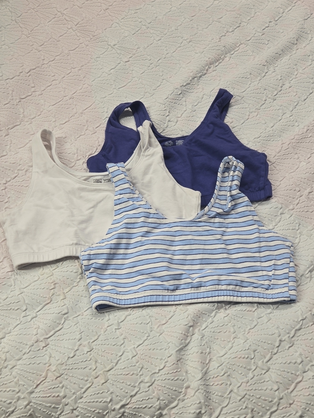 Fruit of the Loom Bralette Trio - White, Light Blue Stripe, Royal Blue